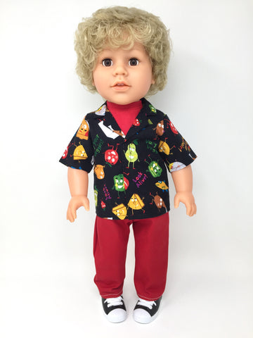 18 inch boy doll clothes - pants outfit - red jeans with healthy foods print shirt