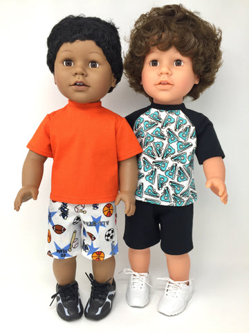 18 inch boy doll clothes - shorts outfits - sports prints - 2 choices
